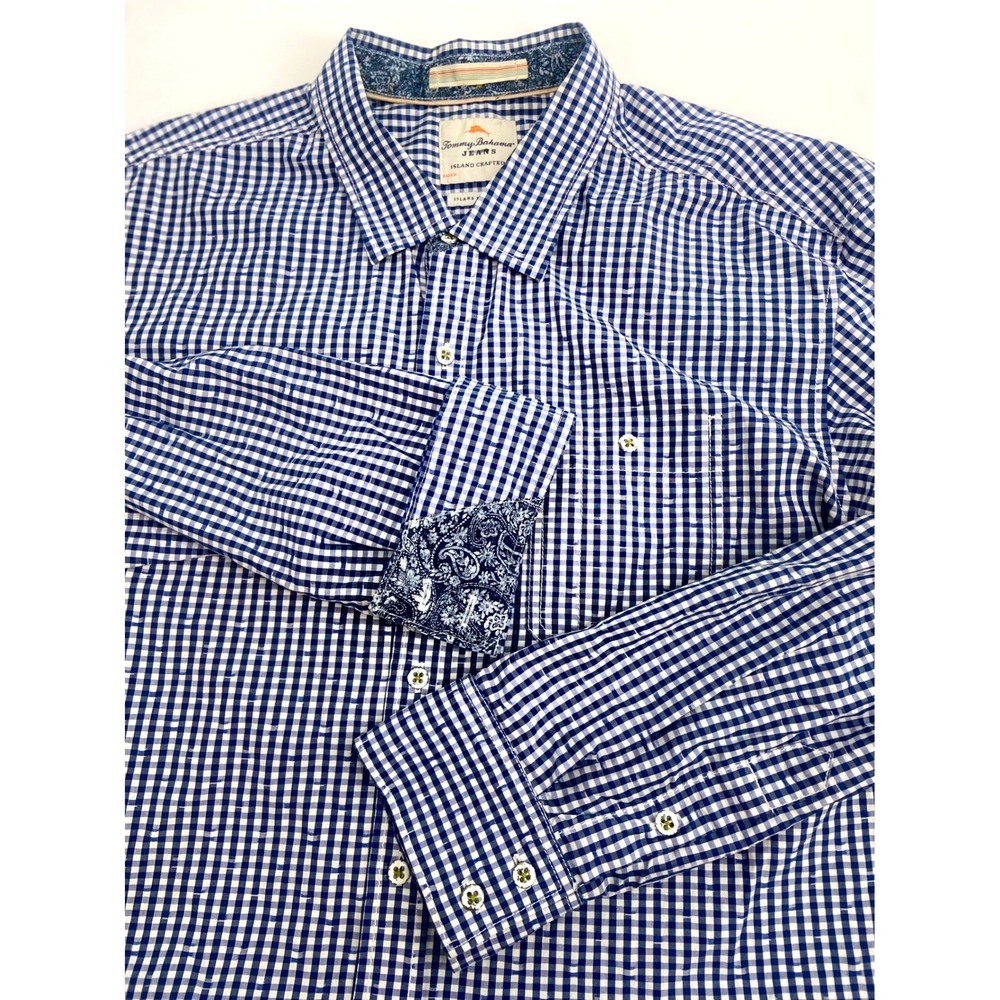 Tommy Bahama Jeans XL Gingham Button Down Navy White Island Modern Fit Shirt